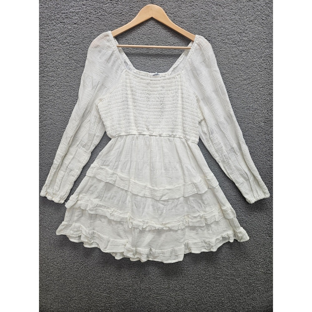 Arula Smocked Tiered Mini Dress A (1X) White Cottagecore Boho Romantic Lined